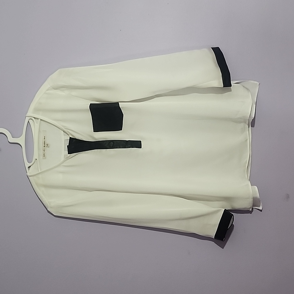 Rachel Roy satin blouse w vegan leather trim